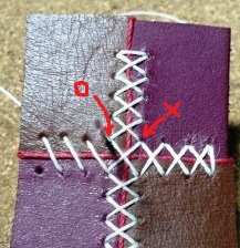 革をつなぎ合わせる際のクロスステッチの縫い方 縫い穴ガイド用型紙つき みどりの革遊び